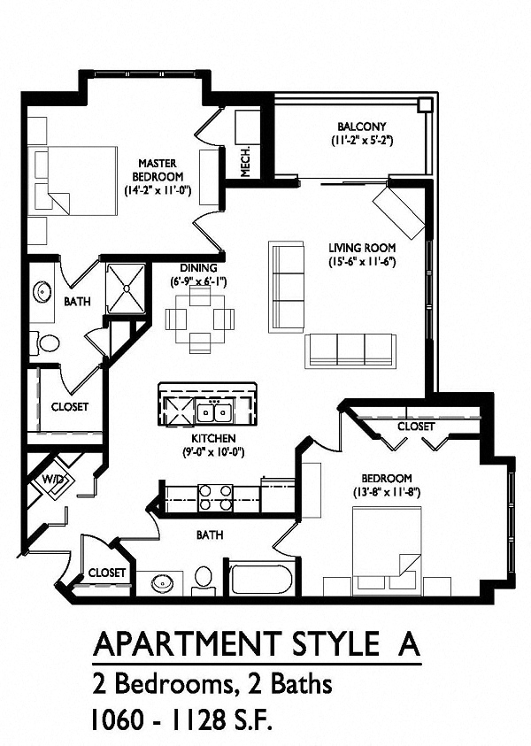 Floor plan for 2 beds, 2 baths, 1079 sqft